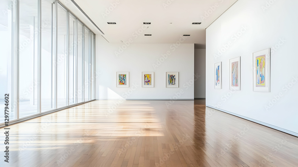 Spacious Gallery Interior Showcasing Modern Art With Natural Light and Wooden Floor Spacious Gallery Interior Showcasing Modern Art With Natural Light and Wooden Floor