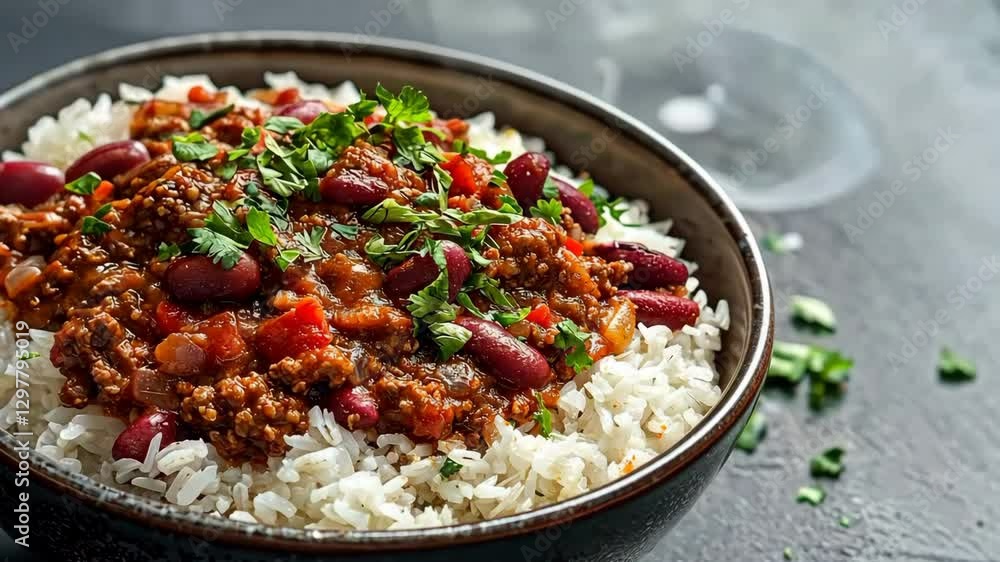 Chili con carne with rice in a bowl, generative AI Chili con carne with rice in a bowl, generative AI