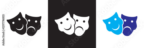  Comic and tragic mask icon. Masquerade vector icon . Isolated on white and black background. Vector illustration. EPS 10