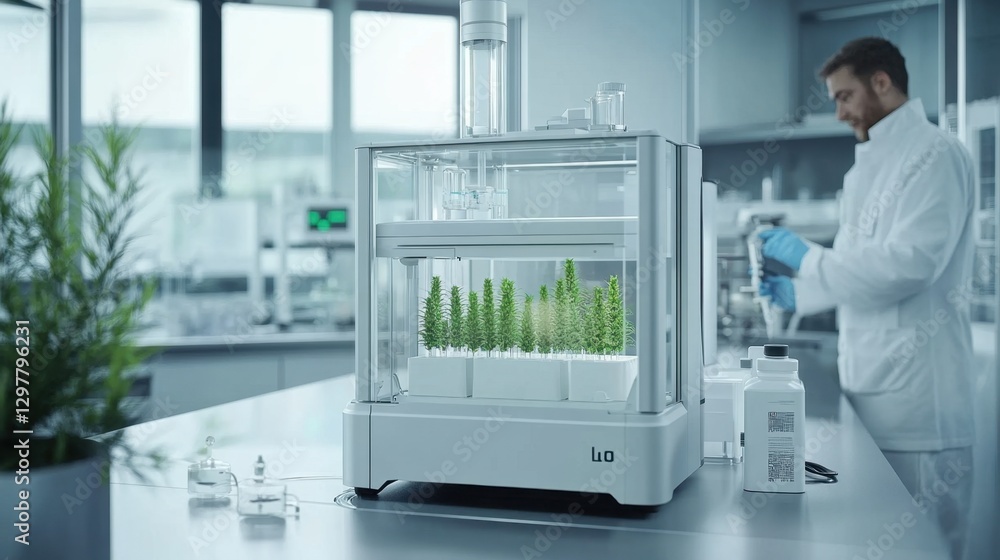 Man in laboratory examining a plant specimen with scientific equipment and tools in a research setting Man in laboratory examining a plant specimen with scientific equipment and tools in a research setting