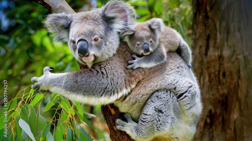 Fototapeta premium Portrait lovely mother koala with baby hug on her back sitting on tree branch. AI generated image