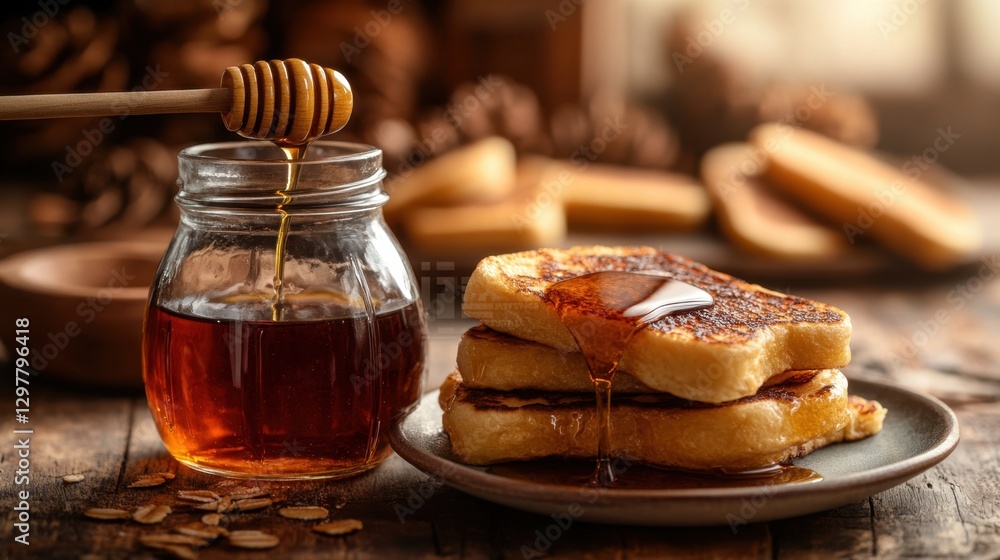 Plate of pancakes drizzled with honey syrup next to a jar of honey syrup on a wooden table Plate of pancakes drizzled with honey syrup next to a jar of honey syrup on a wooden table