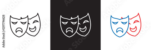  Comic and tragic mask icon. Masquerade vector icon . Isolated on white and black background. Vector illustration. EPS 10