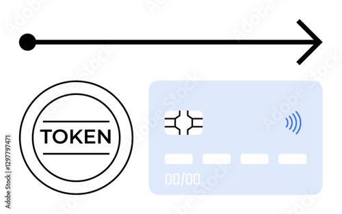 Token icon, arrow, and credit card chip with NFC wave highlight digital payment security. Ideal for fintech, tokenization, encryption, contactless transactions, online shopping, secure data flow