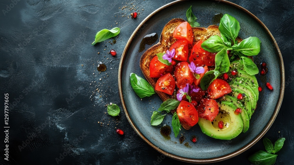 Plate of fresh food featuring sliced tomatoes avocado and basil garnished with a drizzle of olive oil Plate of fresh food featuring sliced tomatoes avocado and basil garnished with a drizzle of olive oil