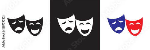  Comic and tragic mask icon. Masquerade vector icon . Isolated on white and black background. Vector illustration. EPS 10