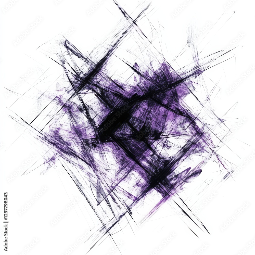 Fototapeta premium Chaotic Convergence: Abstract Ink Lines and Purple Hues on a White Background, a Study in Dynamic Composition