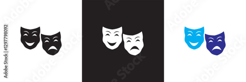  Comic and tragic mask icon. Masquerade vector icon . Isolated on white and black background. Vector illustration. EPS 10
