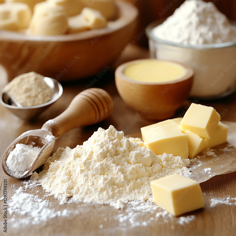 Baking ingredients including flour, butter, and milk on a wooden surface. Baking ingredients including flour, butter, and milk on a wooden surface.