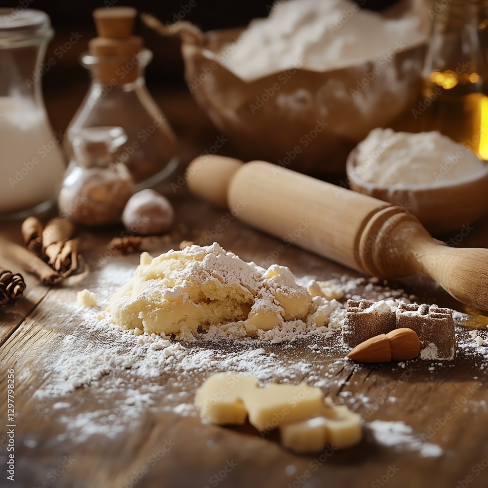 Baking ingredients scattered on a wooden table with rolling pin and glass jars. Baking ingredients scattered on a wooden table with rolling pin and glass jars.