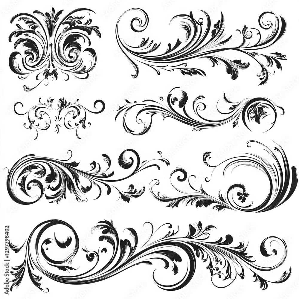 Elegant Black and White Floral Ornaments: A Collection of Flourishes and Swirls for Creative Designs and Artistic Projects Elegant Black and White Floral Ornaments: A Collection of Flourishes and Swirls for Creative Designs and Artistic Projects