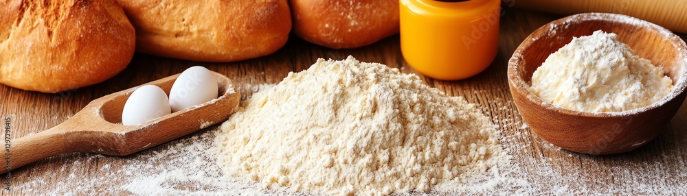 Ingredients for baking with flour, eggs, and bread on a wooden surface. Ingredients for baking with flour, eggs, and bread on a wooden surface.