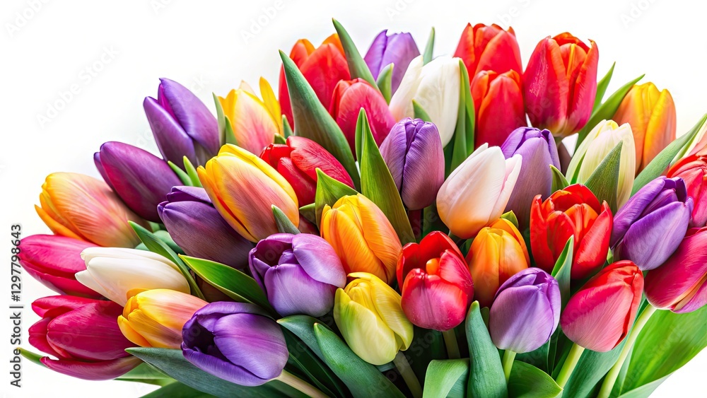 Multicolored Tulip Bouquet Close-up, High-DOF, Isolated White Background - Spring Flowers Photography Multicolored Tulip Bouquet Close-up, High-DOF, Isolated White Background - Spring Flowers Photography