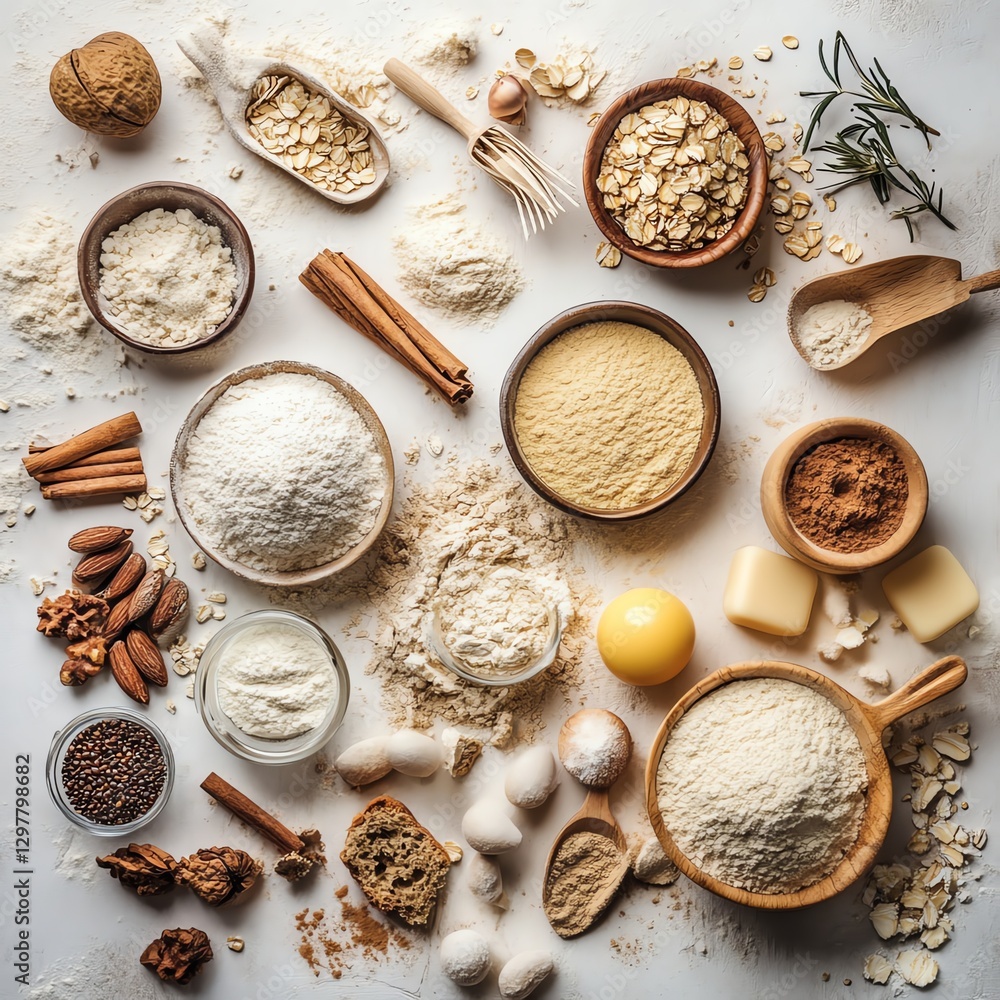 Assorted baking ingredients arranged on a white background. Assorted baking ingredients arranged on a white background.