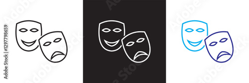  Comic and tragic mask icon. Masquerade vector icon . Isolated on white and black background. Vector illustration. EPS 10