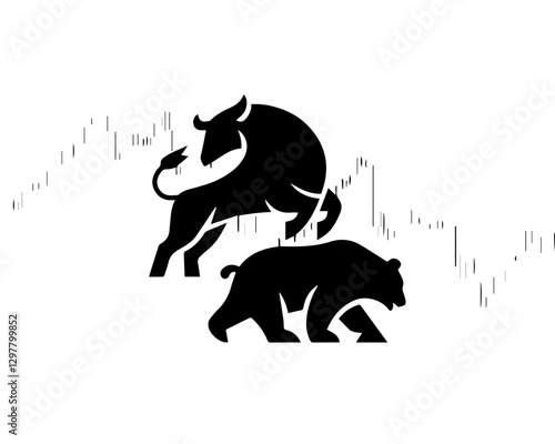 Bull and bear stock market symbols with candlestick chart background representing financial trading and investment trends
