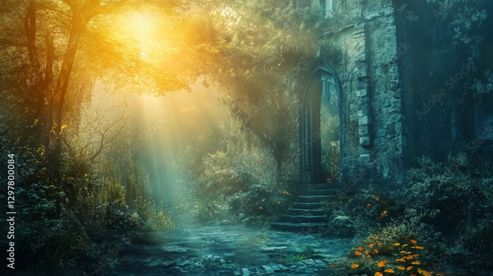 Fototapeta premium Mystical forest with sunlight shining through trees creating a magical atmosphere