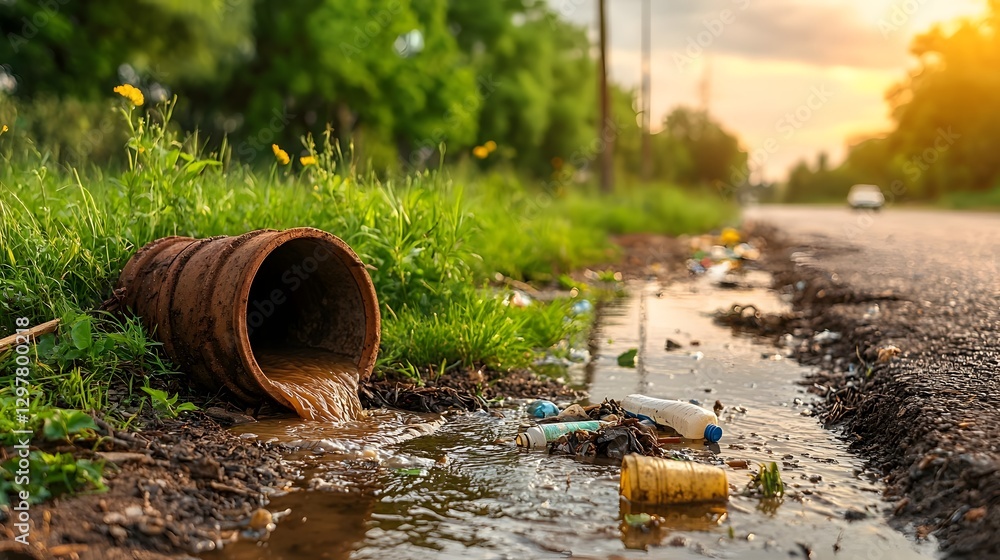 Photograph of a storm drain overwhelmed with trash and wastewater contaminating a nearby public waterway Photograph of a storm drain overwhelmed with trash and wastewater contaminating a nearby public waterway