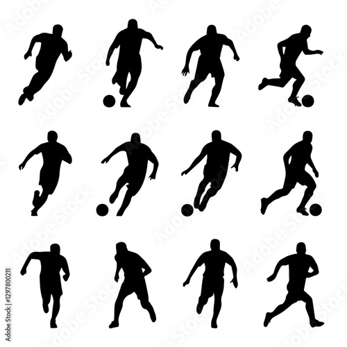 Collection of football player poses in motion for sports and athletic design

