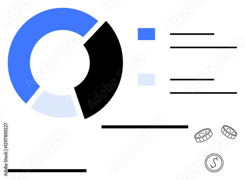 Blue and black pie chart with segmented data, informational bar elements, and coins. Ideal for finance, budgeting, analytics, business planning, data insights, investment abstract line flat metaphor