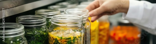 Hand reaching for a jar of colorful preserved vegetables on a shelf.