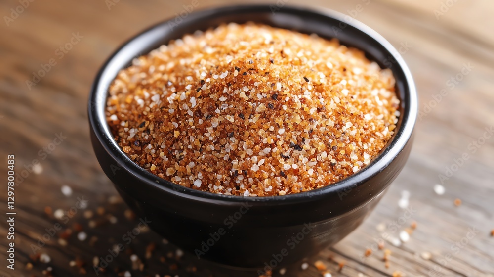 Bowl filled with flavorful spice blend on wooden table. Bowl filled with flavorful spice blend on wooden table.