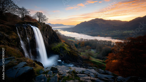 Wallpaper Mural Majestic Waterfall Cascading Into River Surrounded By Lush Green Forest Under Dramatic Sunset Sky Torontodigital.ca