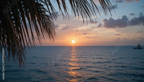 View of a serene sunset over a placid ocean horizon via palm fronds