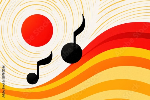 Abstract design featuring musical notes, sun, and vibrant waves in red and yellow, creating lively and energetic atmosphere
