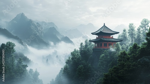 Misty mountain landscape with a traditional Japanese pagoda.