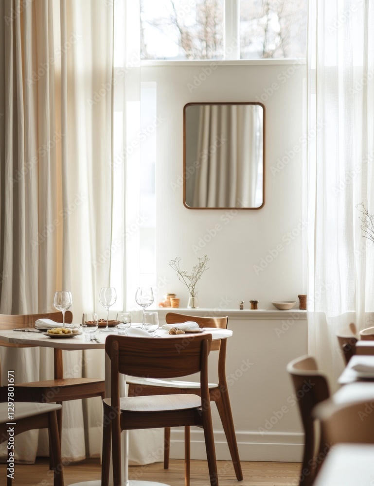 Modern restaurant interior, table setting, natural light, empty space Modern restaurant interior, table setting, natural light, empty space