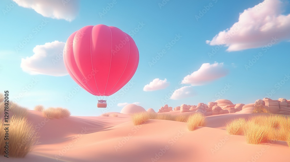 Fototapeta premium Whimsical journey above the desert landscapes with a pink hot air balloon and clear azure sky conveying a sense of peaceful adventure