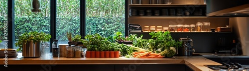Fresh vegetables displayed on kitchen countertop for healthy cooking.