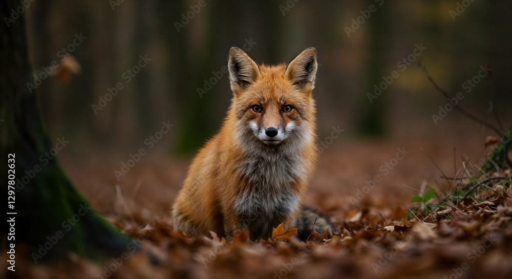 Captivating Red Fox Contently Observing Forest Floor Covered In Autumn Leaves Captivating Red Fox Contently Observing Forest Floor Covered In Autumn Leaves