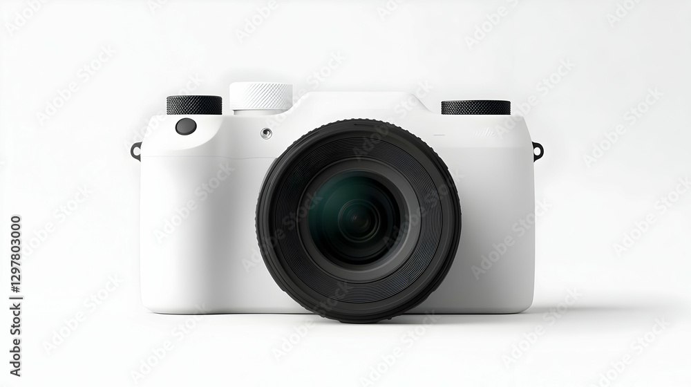 Modern White Camera with Lens on Plain Background for Photography Modern White Camera with Lens on Plain Background for Photography