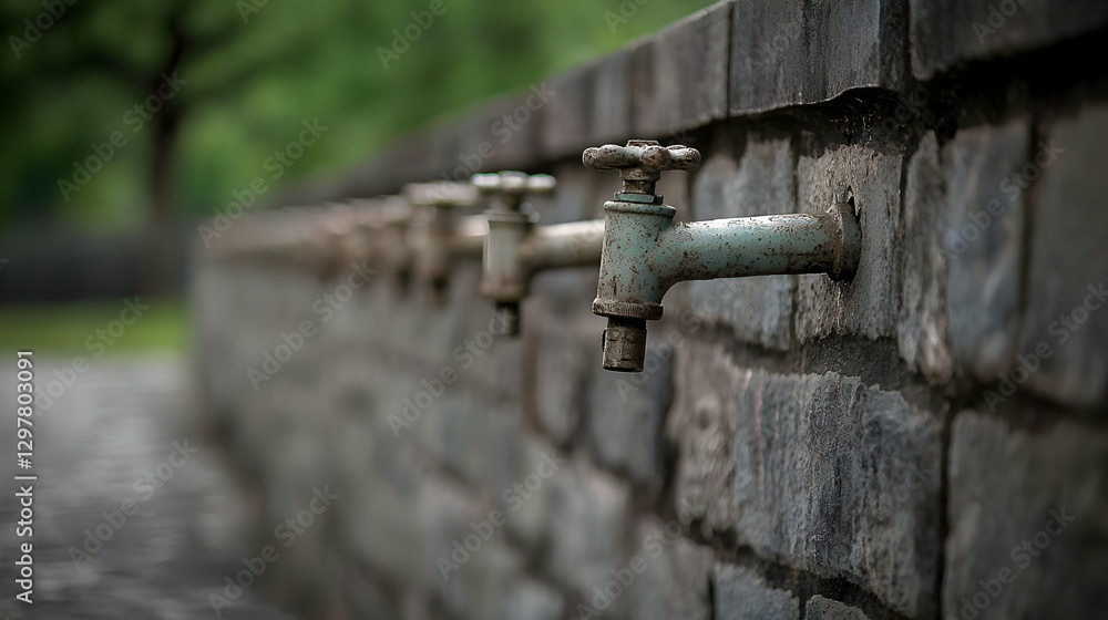 Weathered Stone Wall With Faucets In Outdoor Setting Weathered Stone Wall With Faucets In Outdoor Setting
