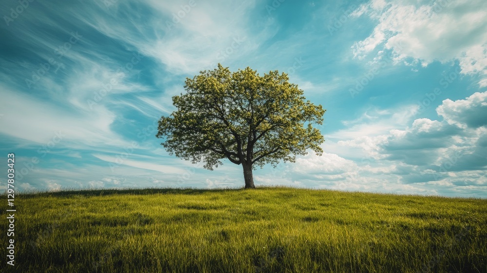A single tree stands alone on a grassy hill against a bright blue sky with white clouds. A single tree stands alone on a grassy hill against a bright blue sky with white clouds.