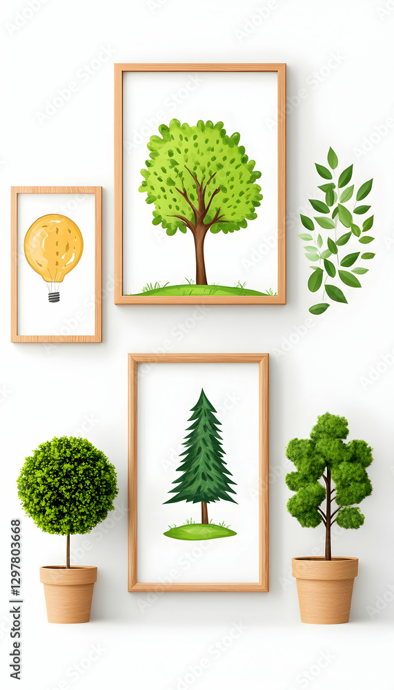 Fototapeta premium Framed trees, potted plants, white wall