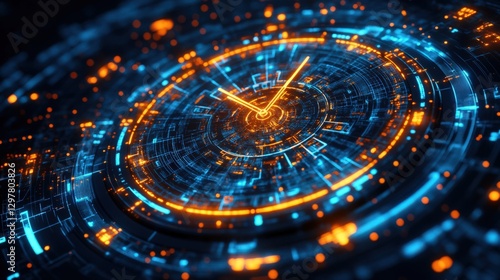 Wallpaper Mural Futuristic Digital Clock Display with Orange and Blue Neon Lights Representing Time in a High-Tech Ambient context Torontodigital.ca