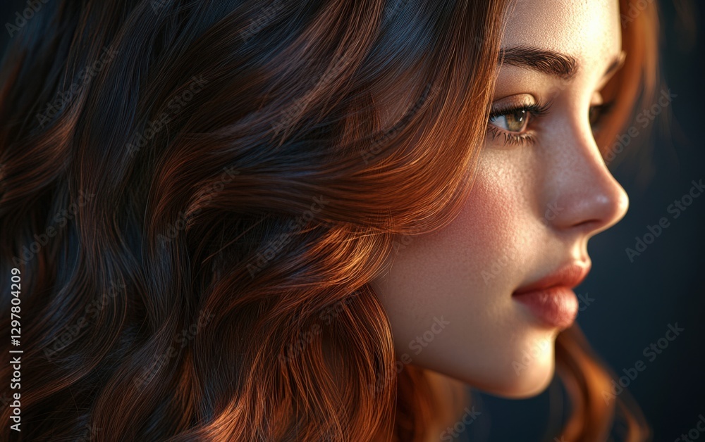 Stunning Close-up of a Young Caucasian Woman with Wavy Hair, Exuding Elegance and Beauty in Soft Light, Perfect for Portrait Photography and Art Stunning Close-up of a Young Caucasian Woman with Wavy Hair, Exuding Elegance and Beauty in Soft Light, Perfect for Portrait Photography and Art