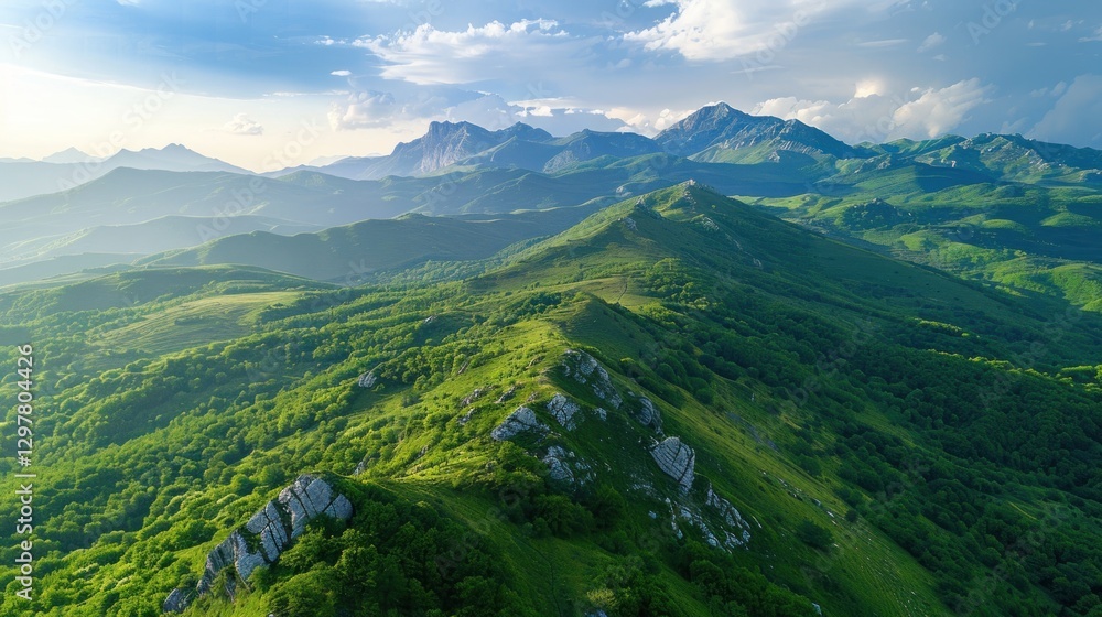 Fototapeta premium Aerial View of Rolling Hills and Majestic Mountains
