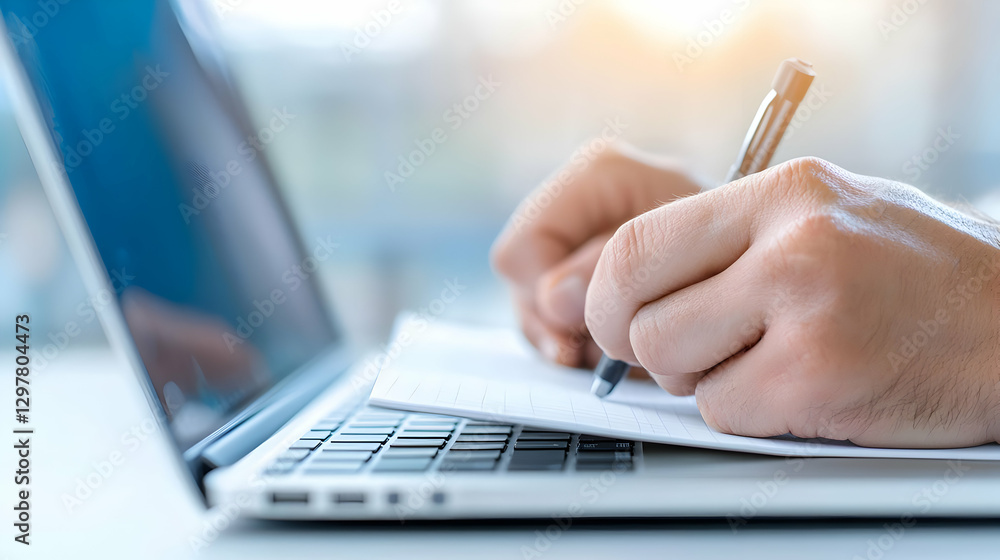 Fototapeta premium Person Writing Notes on Paper While Using a Laptop Computer