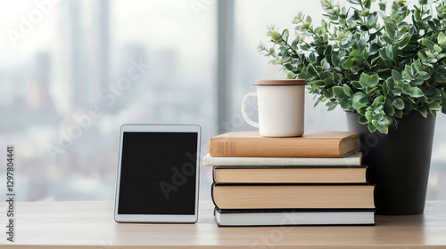 Study session desk setup with books tablet and coffee cup in a bright library modern environment inspirational workspace
