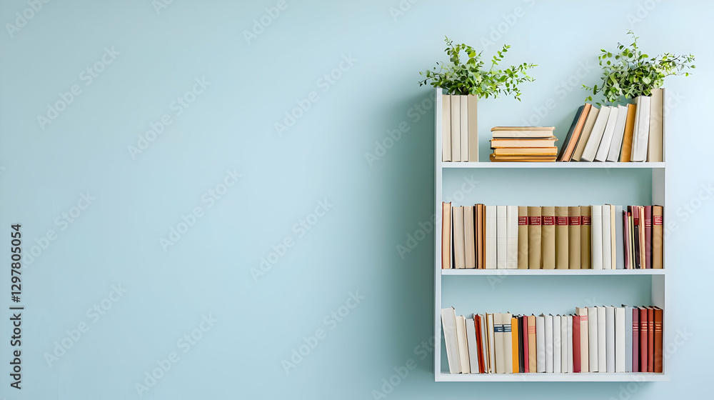 White Bookshelf With Books And Green Plants Against A Light Blue Wall White Bookshelf With Books And Green Plants Against A Light Blue Wall