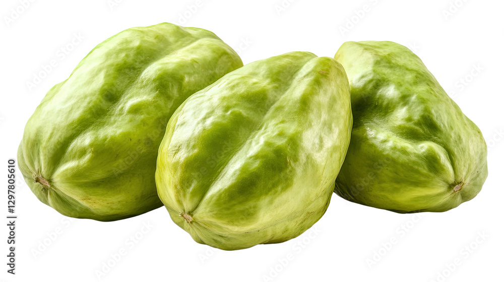 Chayote Squash Trio: A vibrant image showcasing three fresh, light-green chayote squashes. The image highlights their unique, pear-like shape and textured skin. Chayote Squash Trio: A vibrant image showcasing three fresh, light-green chayote squashes. The image highlights their unique, pear-like shape and textured skin.