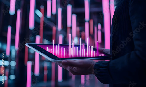 Modern Technology and Data Visualization on Tablet in Neon Environment