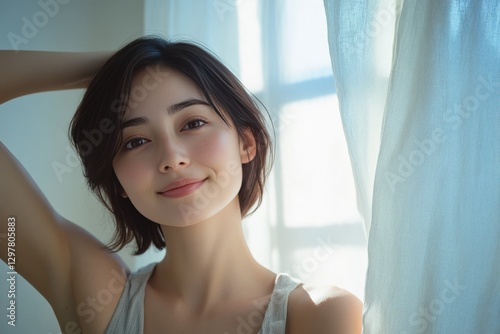 A Portrait of a Young Asian Woman with Short Hair, Embracing Natural Light in a Bright Indoor Space, Exuding Calmness and Serenity Free Download A Portrait of a Young Asian Woman with Short Hair, Embracing Natural Light in a Bright Indoor Space, Exuding Calmness and Serenity - GFXLoad