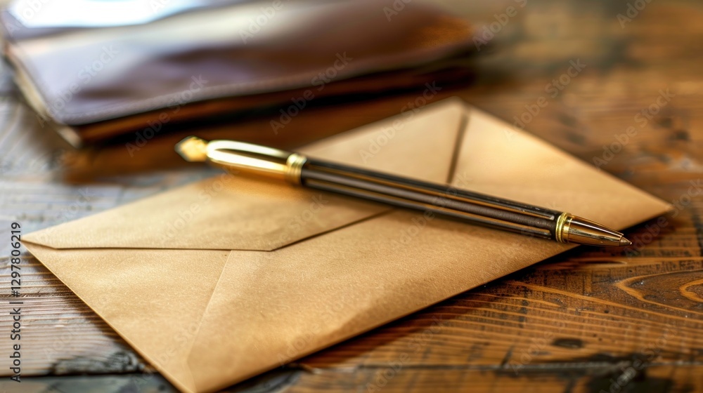 Fototapeta premium Envelope and Pen on Wooden Table