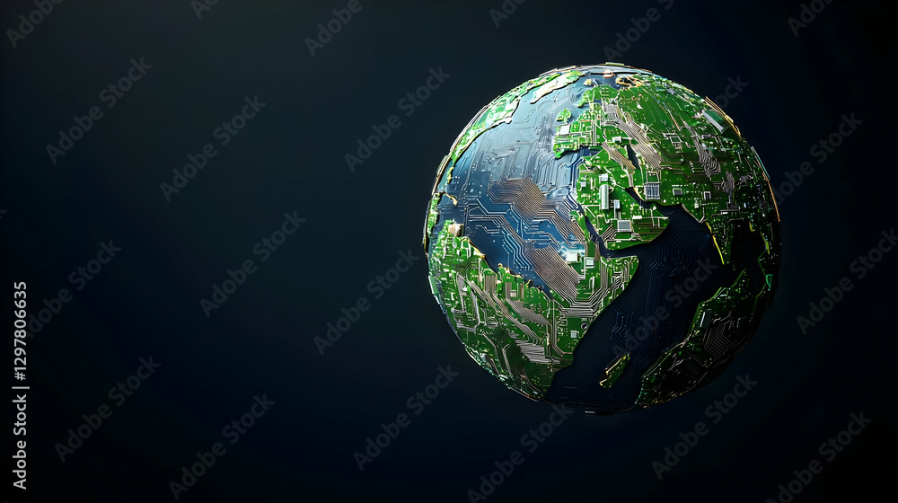 Fototapeta premium Pixelated Globe Depicting Digital Circuitry and Technological Networks in Space on Dark Background