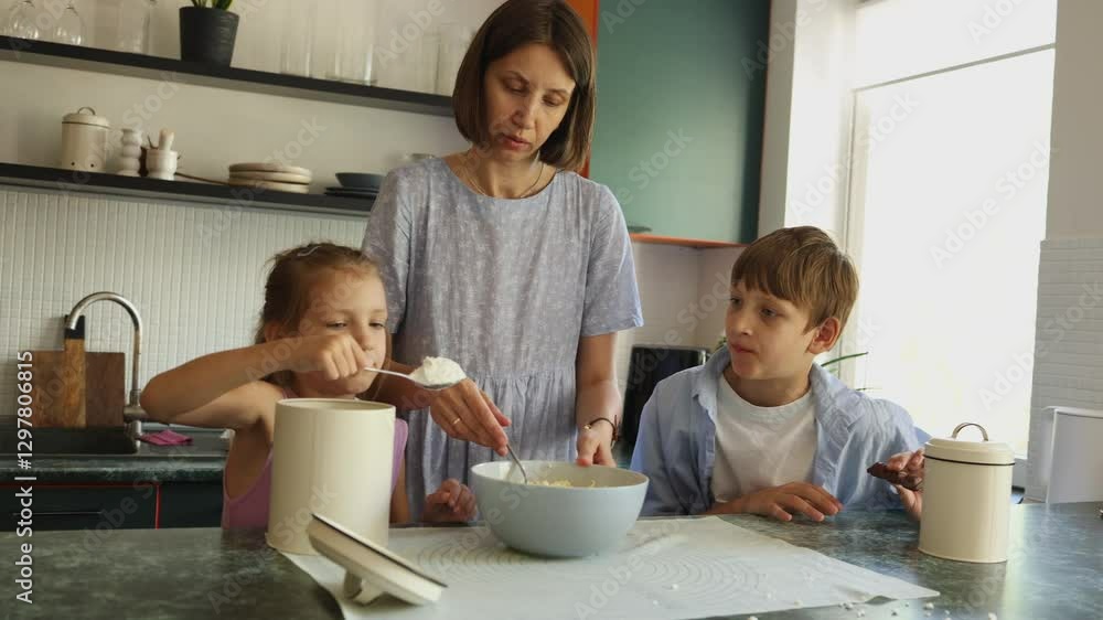 A mother and children are preparing dough in the kitchen. A mother and children are preparing dough in the kitchen.